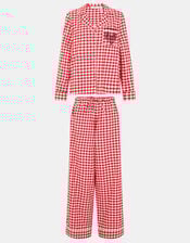 Embroidered Gingham Long Pyjamas Set, Red (RED), large