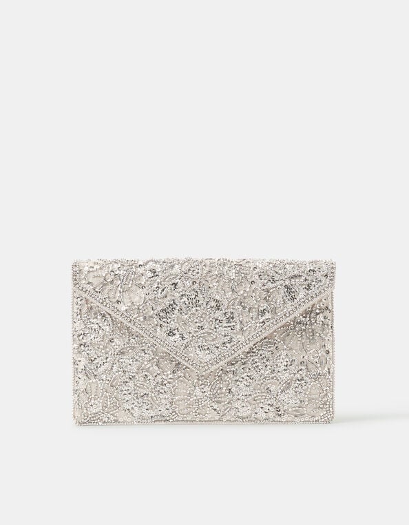 Floral Embellished Envelope Clutch Bag, Silver (SILVER), large