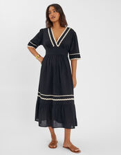 V-Neck Ric Rac Midi Dress, Black (BLACK), large
