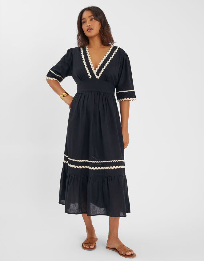 V-Neck Ric Rac Midi Dress, Black (BLACK), large