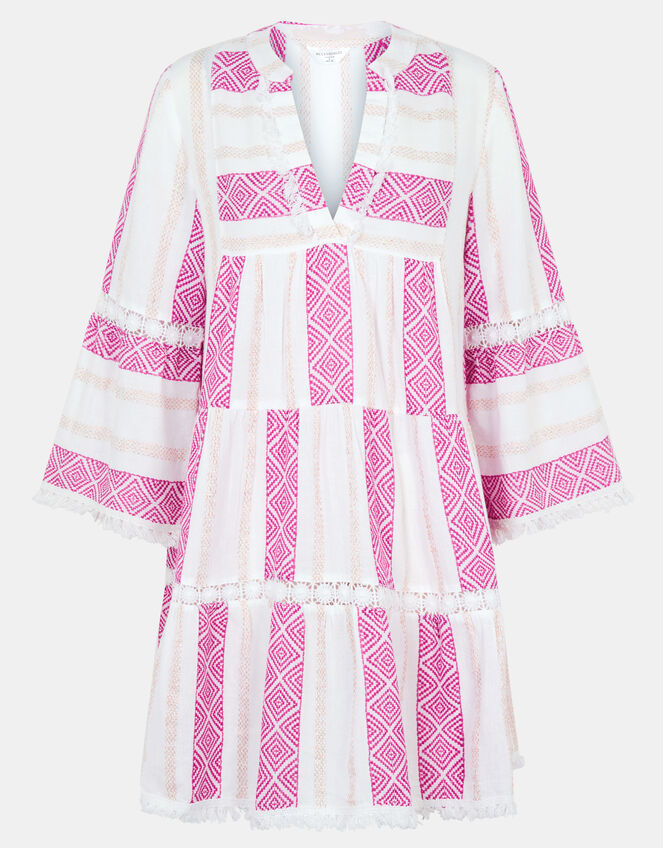 Flute Sleeve Jacquard Shimmer Mini Dress, Pink (PINK), large