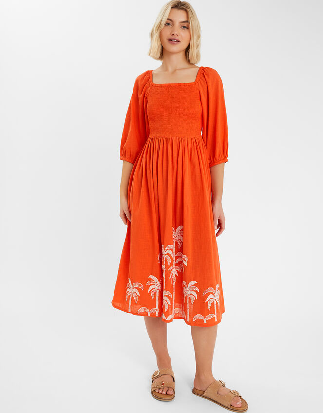 Palm Embroidered Puff-Sleeve Midi Dress, Orange (CORAL), large