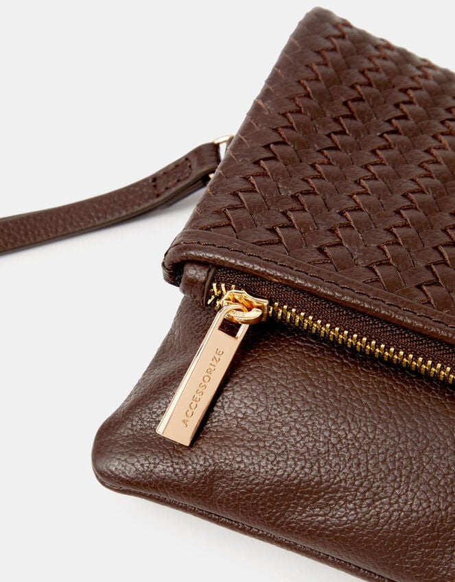 Woven Leather Clutch Bag, Brown (CHOCOLATE), large