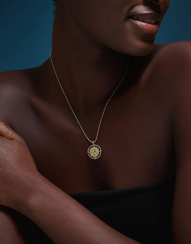 14ct Gold-Plated Diamanté Coin Necklace, , large