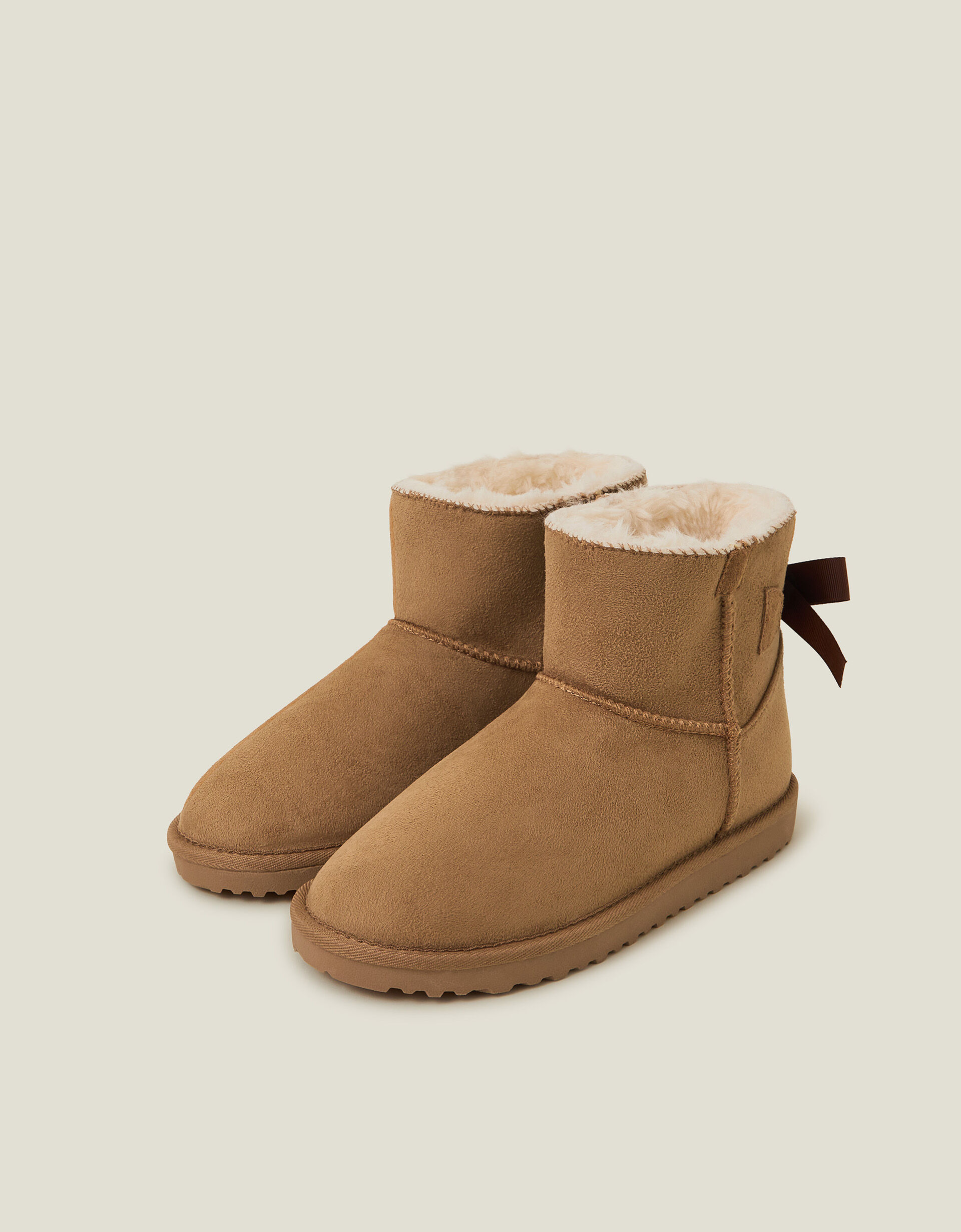 Bow Faux Fur Lined Suedette Boots Tan