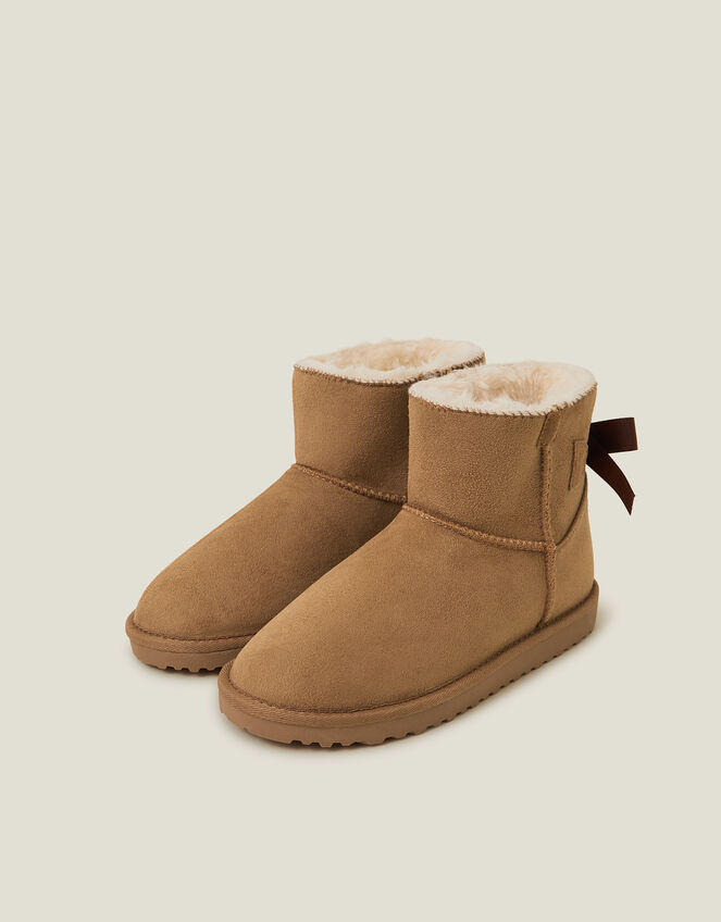 Bow Faux Fur-Lined Suedette Boots, Tan (TAN), large