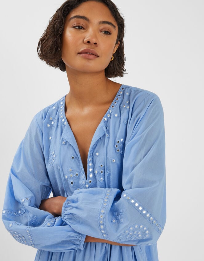 Mirror Embellished Long Sleeve Midi Dress, Blue (BLUE), large