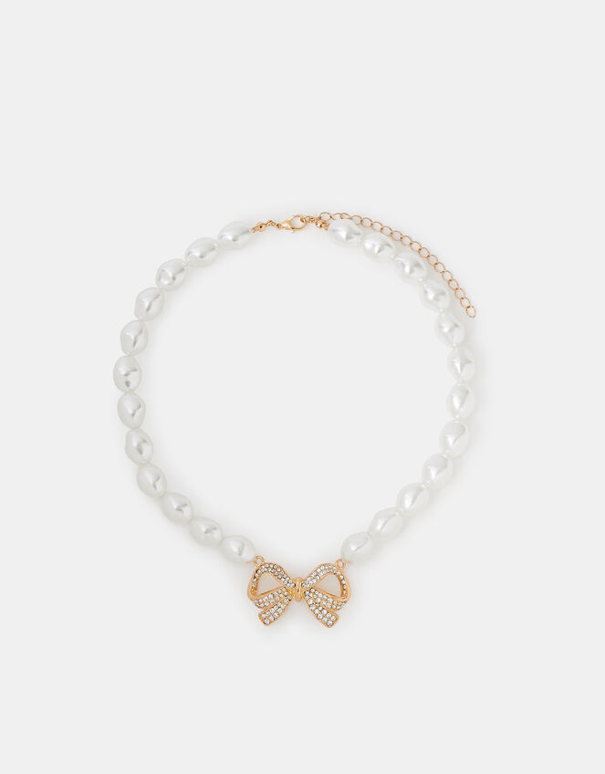 Diamanté Bow Pearl Necklace, , large