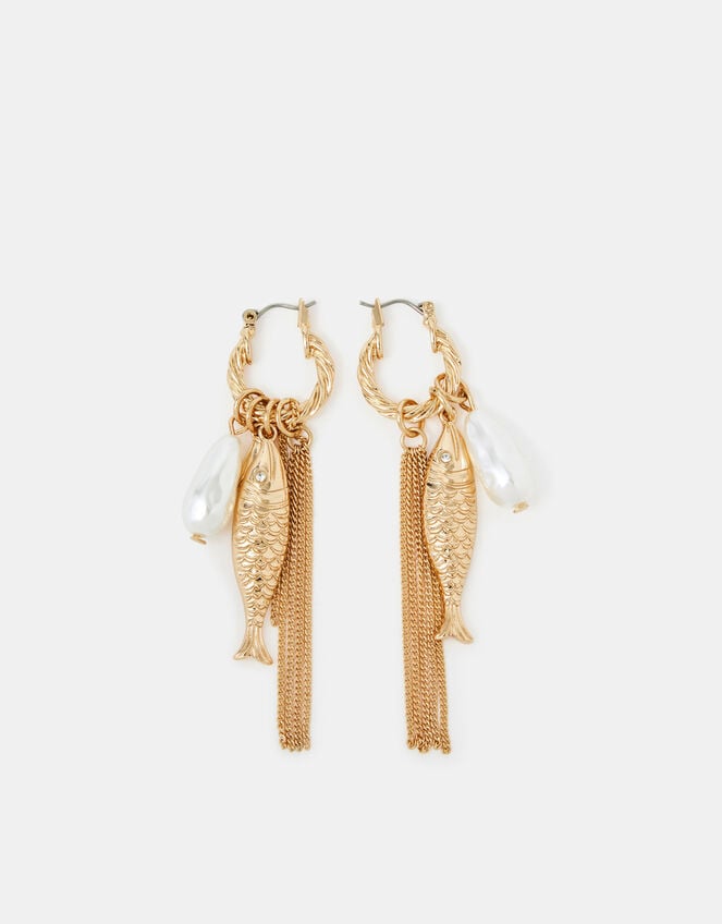 Fish Charm Twisted Huggie Hoop Earrings, , large