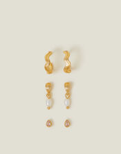 3-Pack 14ct Gold-Plated Pearl Wave Stud and Hoop Earrings, , large