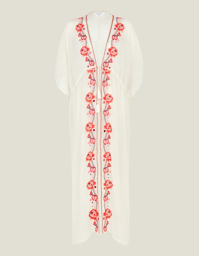Cream Kaftan with Silver Embroidery and Pearl and Crystal Beading