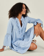 Flute Sleeve Tassel Tiered Mini Dress, Blue (BLUE), large