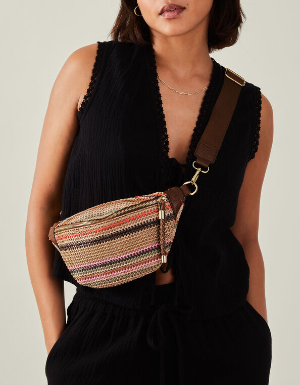 Stripe Raffia Bum Bag, , large