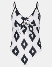 Monochrome Print Tie Front Swimsuit, Ivory (IVORY), large