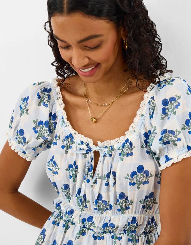 Floral Print Puff Sleeve Midi Dress, Ivory (IVORY), large
