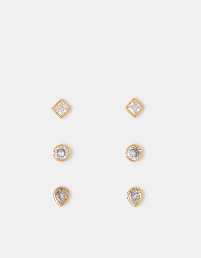 3-Pack 14ct Gold-Plated Gemstone Stud Earrings Set, , large