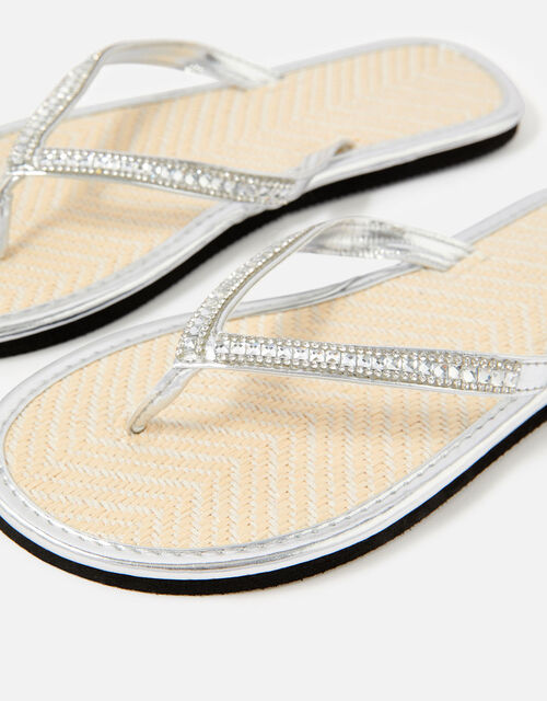 silver metallic flip flops