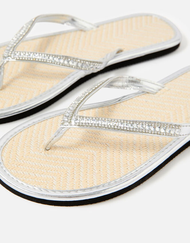 Crystal Embellished Seagrass Flip Flops, Silver (SILVER), large