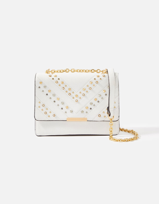 Studded Shoulder Chain Bag, White (WHITE), large