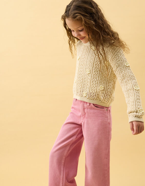Girls Flower Appliqu&eacute; Jumper, Natural (NATURAL), large