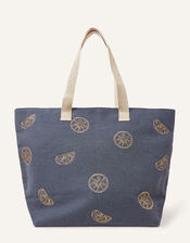 Foil Citrus Print Beach Tote Bag, Blue (NAVY), large