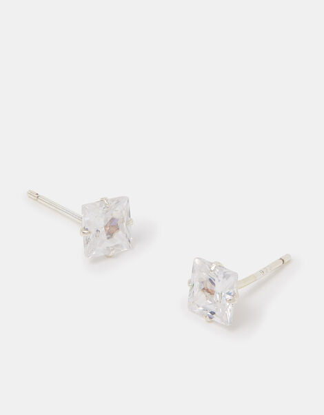 Sterling Silver Square Crystal Stud Earrings, , large