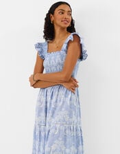Tropical Print Smocked Maxi Dress, Blue (BLUE), large