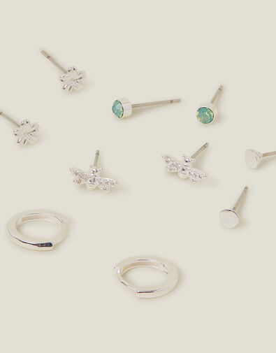 5-Pack Sterling Silver-Plated Bee Stud and Hoop Earrings, , large