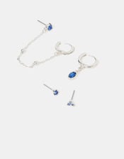 4-Pack Stone Stud & Chain Hoop Earrings, Blue (BLUE), large