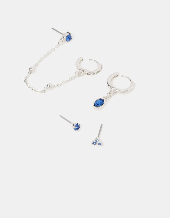 4-Pack Stone Stud & Chain Hoop Earrings, Blue (BLUE), large