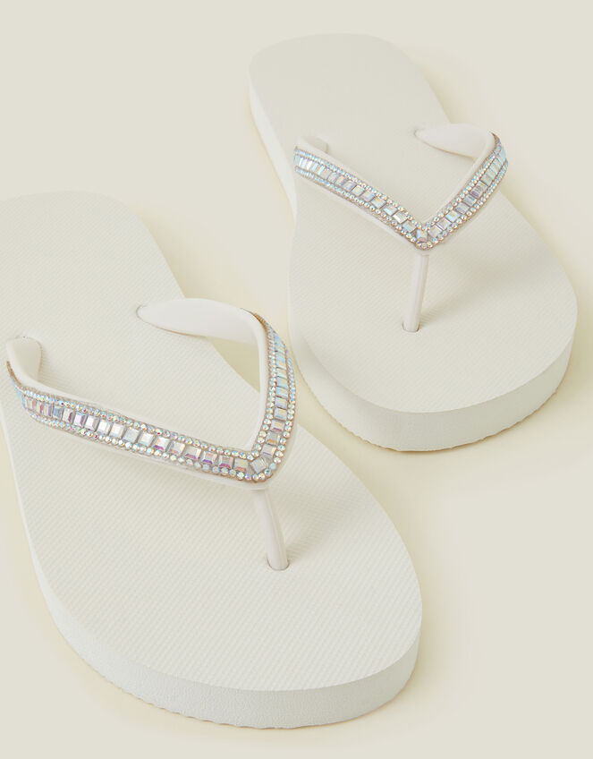 Crystal Embellished Flip Flops, Cream (CREAM), large