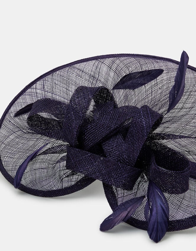 Woven Bow Feather Disc Fascinator, Blue (NAVY), large