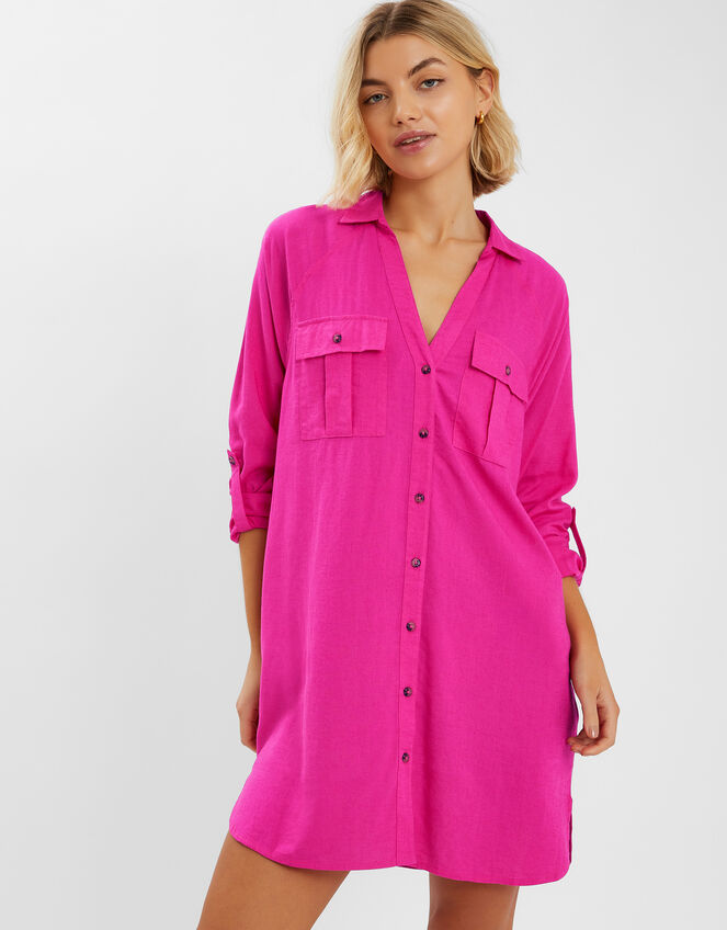 Long Sleeve Beach Cover Up Shirt, Pink (PINK), large