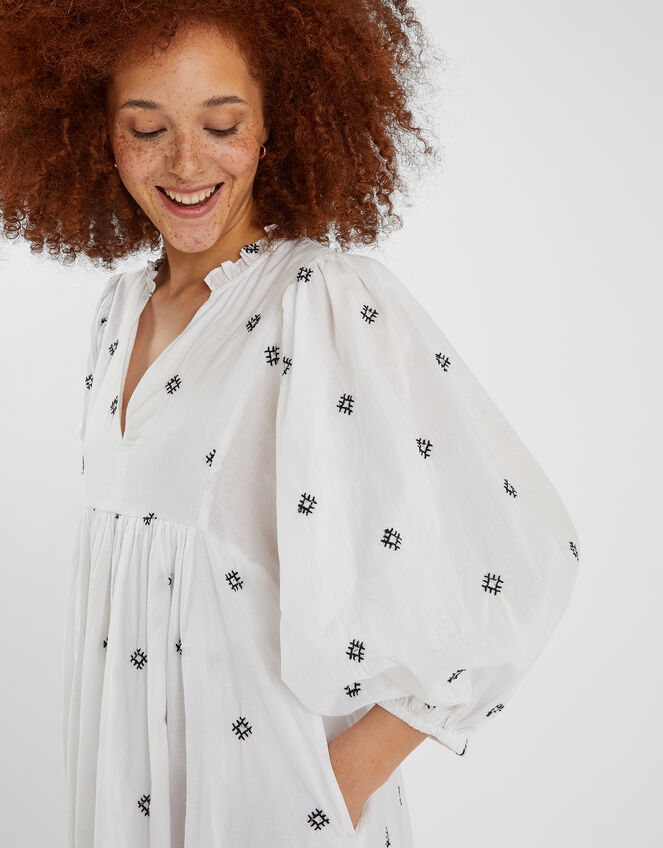 Embroidered Long Sleeve Maxi Dress, White (WHITE), large