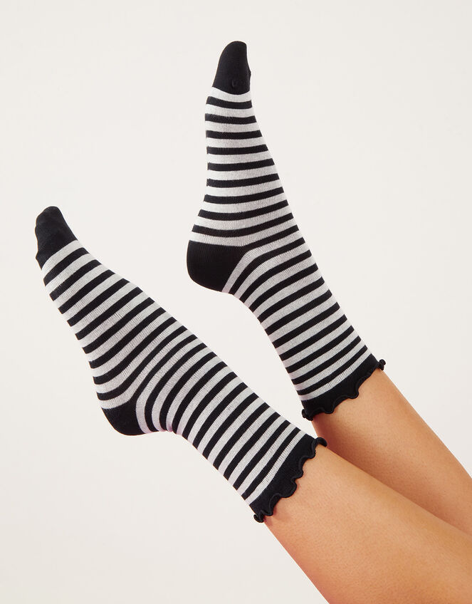 Stripe and Frill Socks, Black (BLACK), large