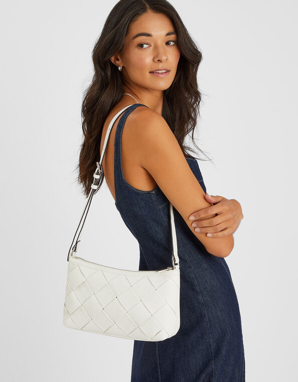 Woven Faux Leather Shoulder Bag, , large