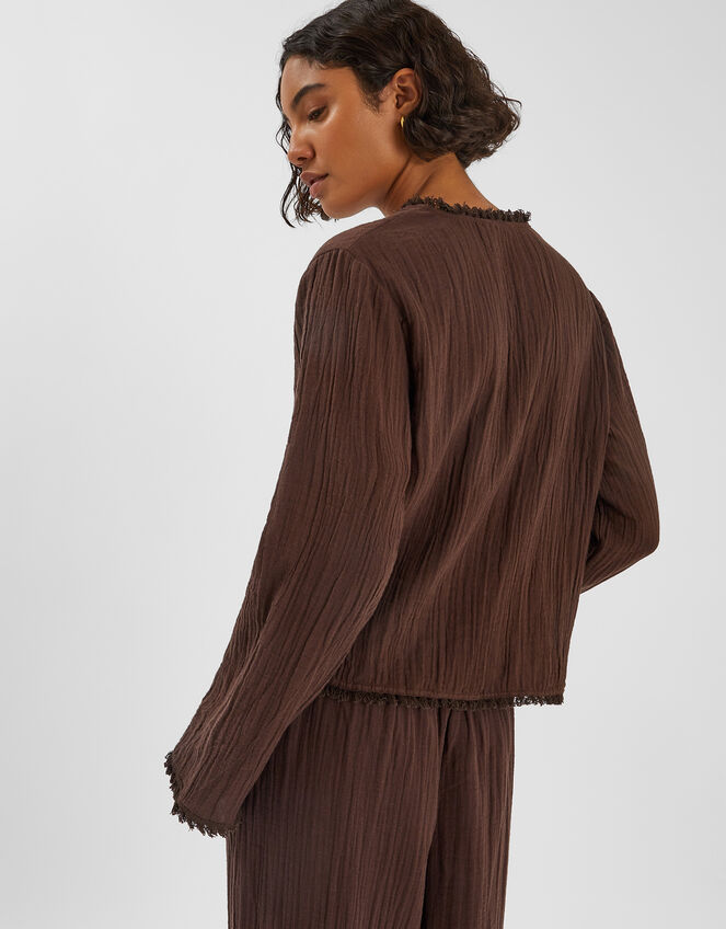 Crinkle Long Sleeve Tie Top, Brown (CHOCOLATE), large
