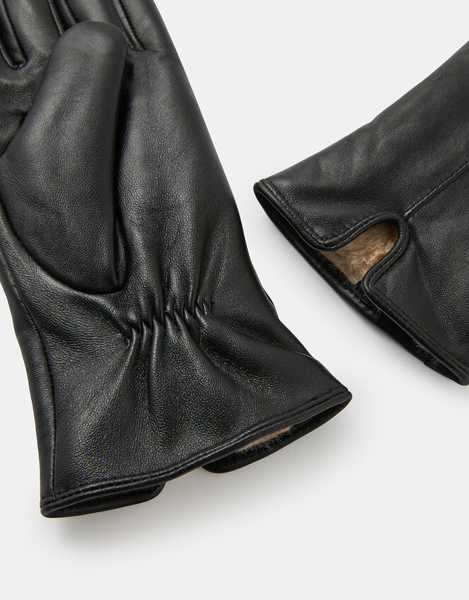 Faux Fur-Lined Leather Gloves, Black (BLACK), large