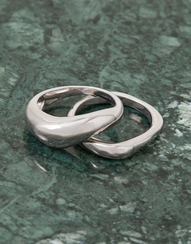 Platinum-Plated Smooth Irregular Ring Set of Two, Silver (SILVER), large