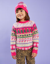 Girls Christmas Fair Isle Beanie Hat, Pink (PINK), large