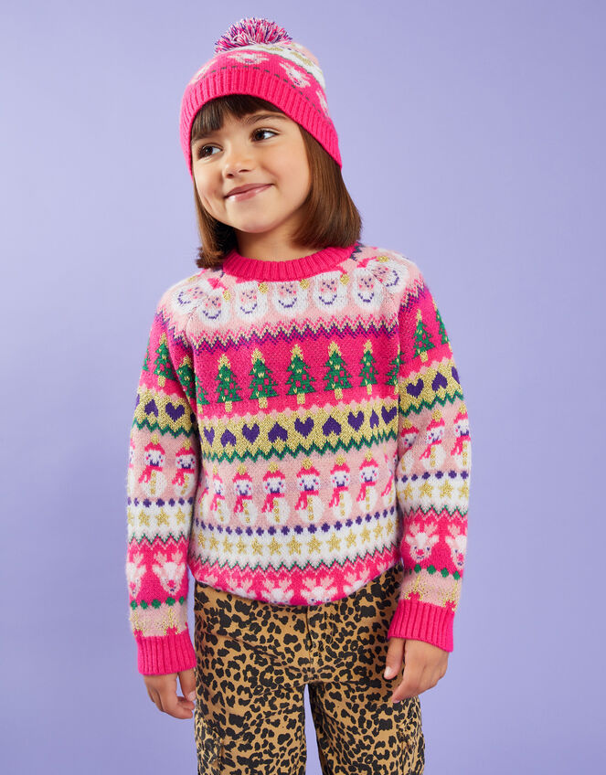 Girls Christmas Fair Isle Beanie Hat, Pink (PINK), large