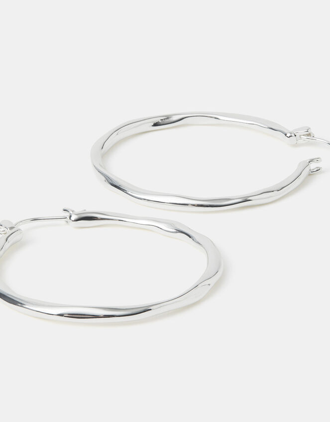 Sterling Silver-Plated Large Molten Hoop Earrings, , large