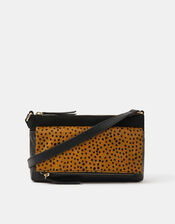 Fold Over Zip Leather Crossbody Bag, Leopard (LEOPARD), large