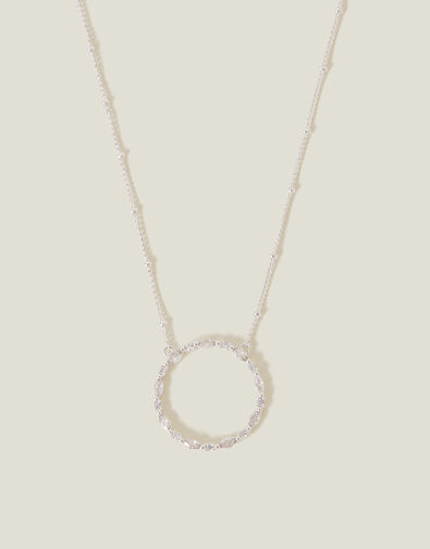Sterling Silver-Plated Diamante Circle Pendant Necklace, , large