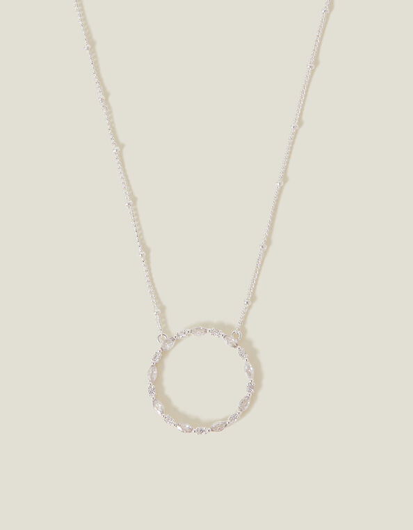 Sterling Silver-Plated Diamante Circle Pendant Necklace, , large