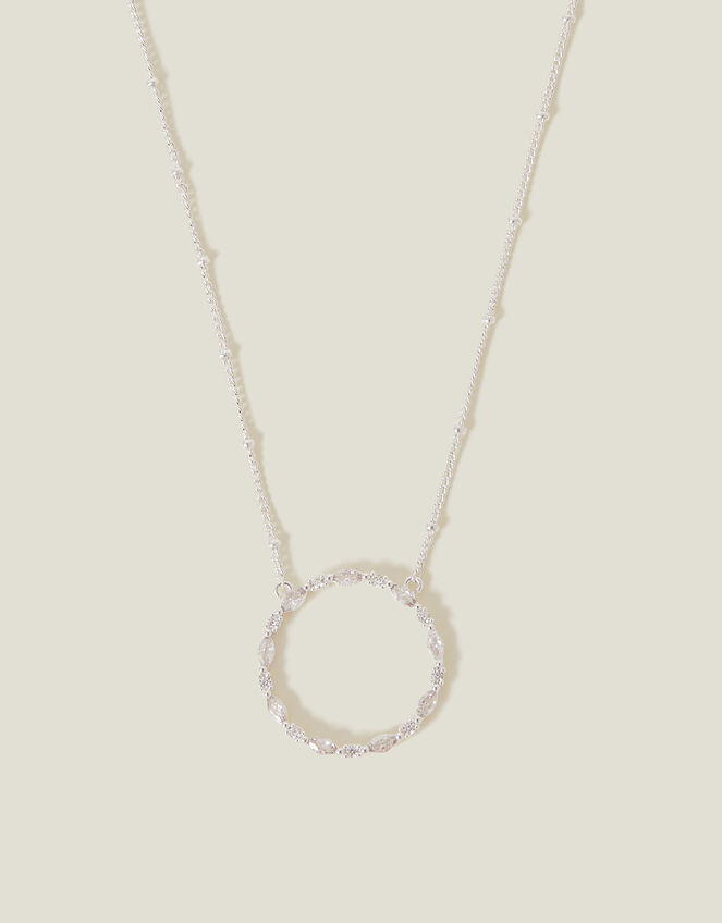 Sterling Silver-Plated Diamante Circle Pendant Necklace, , large