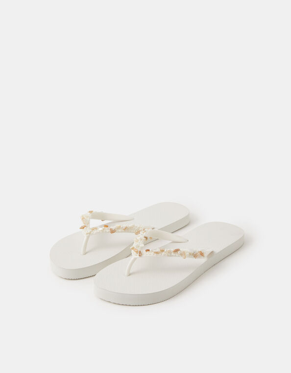 Bead Embellished Flip Flops, White (WHITE), large