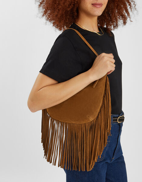 Leather Fringe Scoop Shoulder Bag, , large