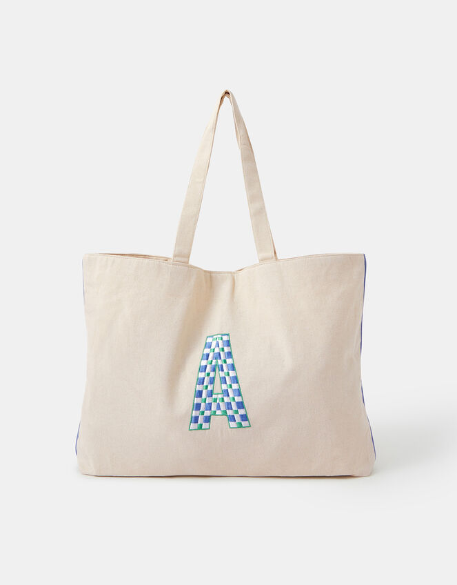Initial Embroidered Tote Bag, Blue (BLUE), large