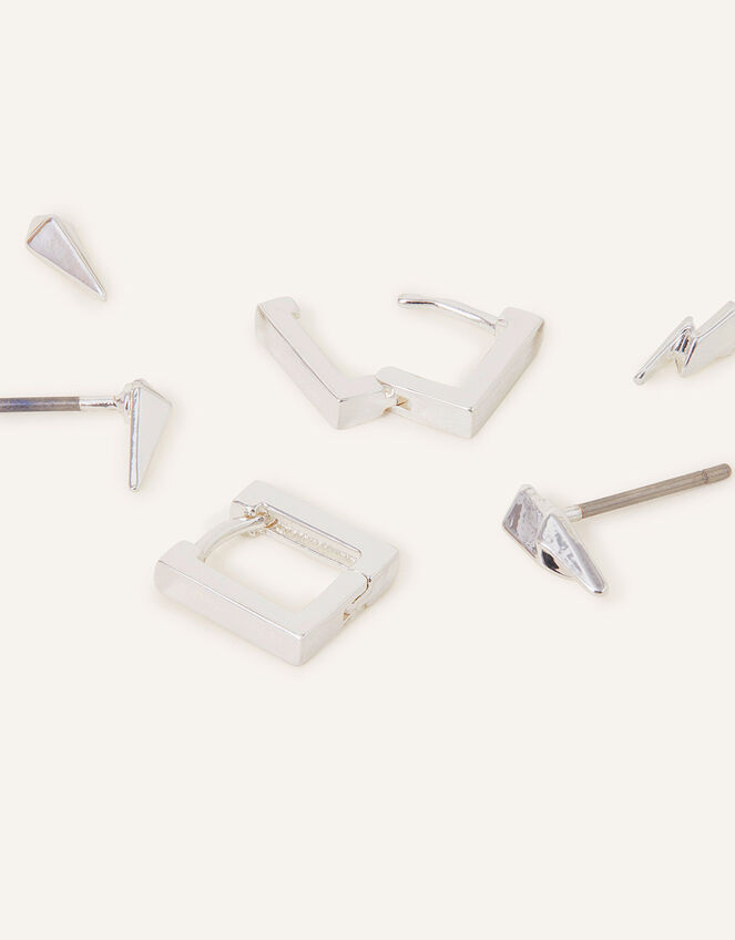 Sterling Silver-Plated Lightning Bolt Earrings Set of Three, , large